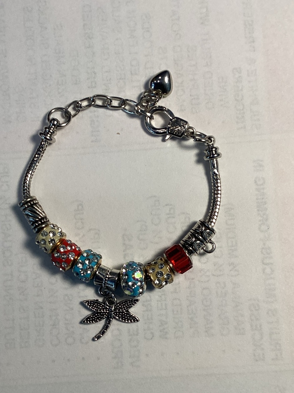 Pandora Style Silver Dragonfly Charm Bracelet with Red, Blue and Gold Accents